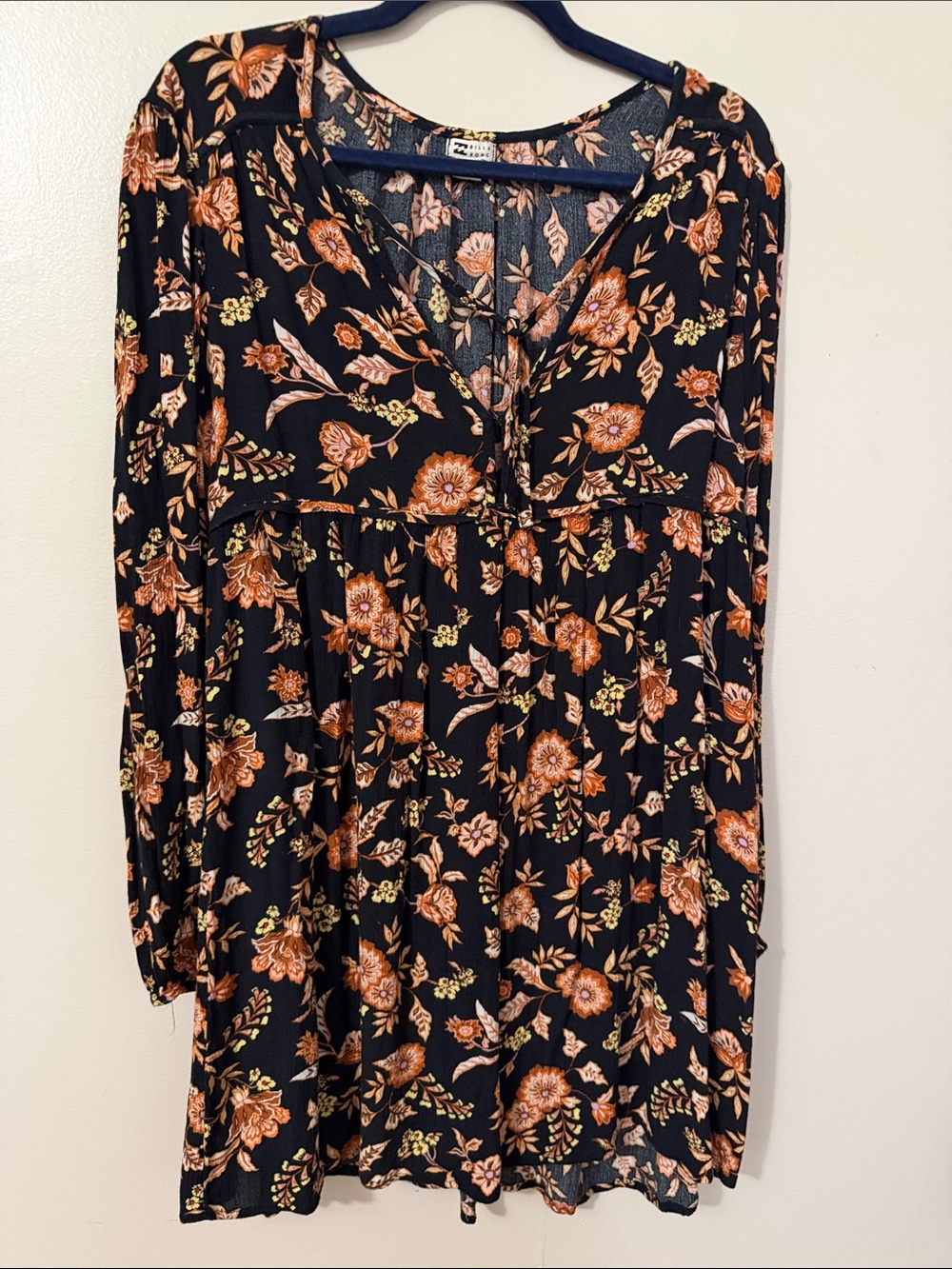 Billabong Black Floral Long-Sleeve Tie-Front Dress